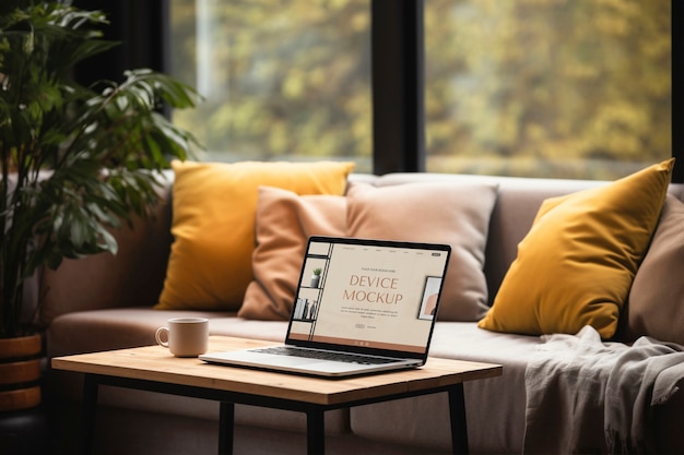 Device mockup on wooden furniture