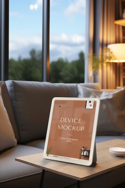 PSD device mockup on wooden furniture