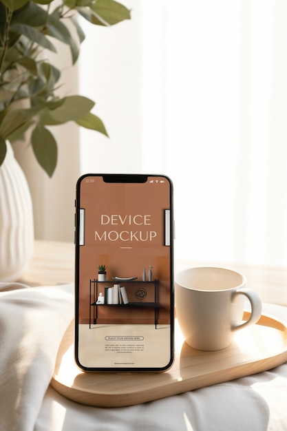 PSD device mockup on wooden furniture