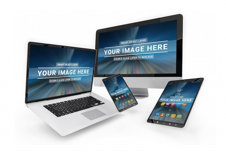 PSD devices floating with screen mockup, laptop, smartphone, computer and tablet