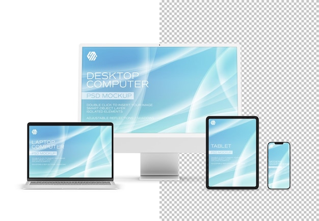 PSD devices isolated on white with desktop computer laptop smartphone and tablet