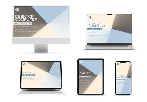 PSD dispositivi impostati isolati su bianco con computer desktop laptop smartphone e tablet