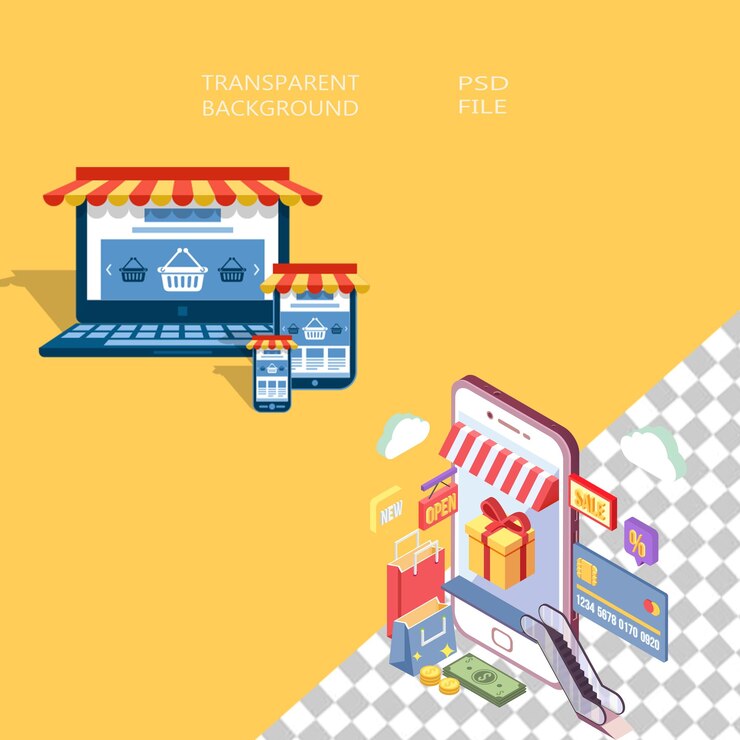 PSD 온라인 상점을 보여주는 장치 일러스트 웹 개발 전자 상거래 웹 디자인 비즈니스