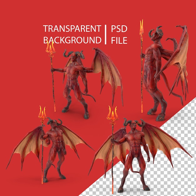 PSD devil character with trident standing pose png