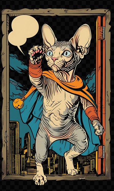 PSD devon rex cat with a jumping pose wearing a superhero cape i frame decor collage ink art design psd