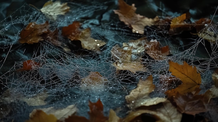 PSD dewcovered spiderweb draped over autumn leaves on the forest floor