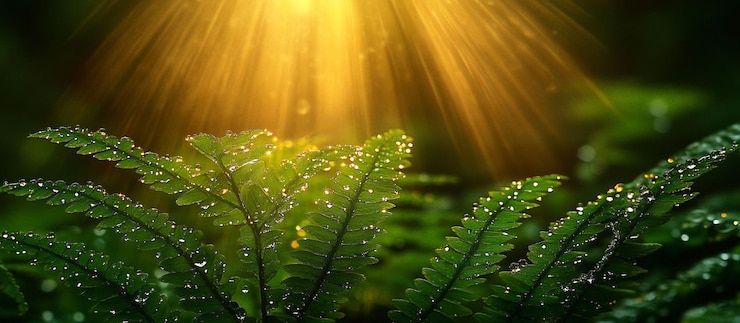 PSD dewkissed fern leaves bathed in sunlight