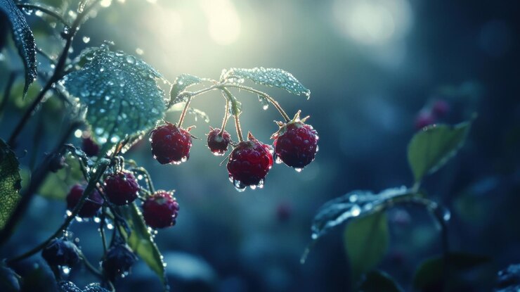 PSD dewy raspberries glistening in soft light