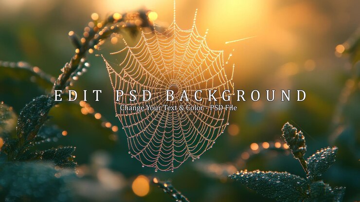 PSD dewy spider web at sunrise
