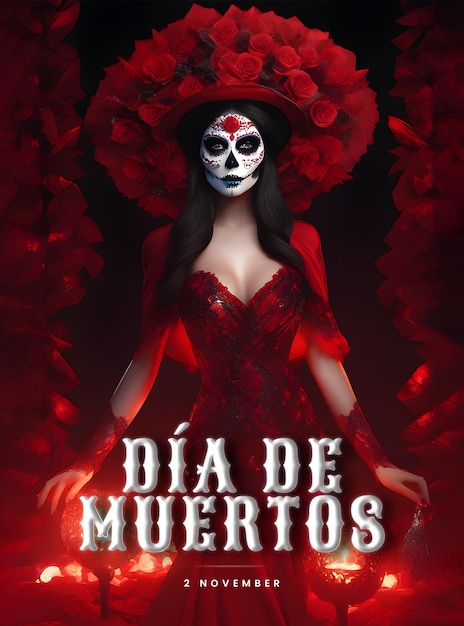 PSD dia de los muertos poster with a background of a young woman