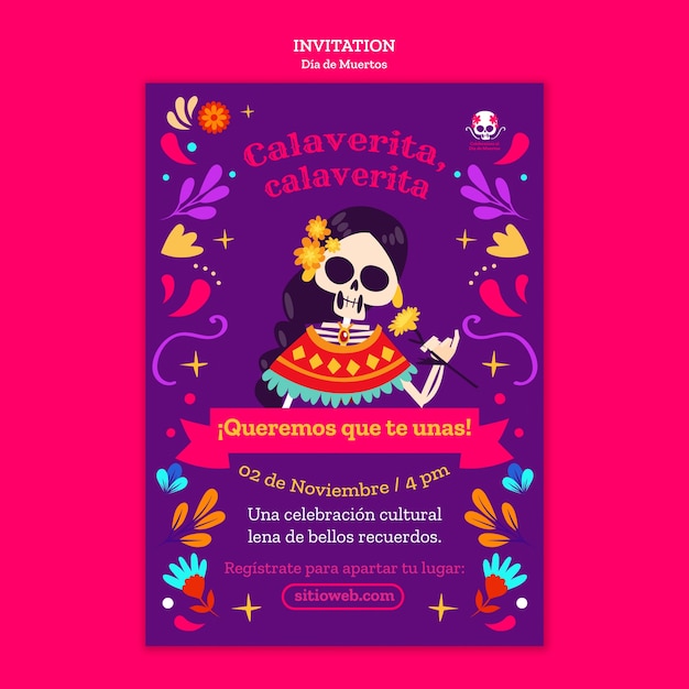 PSD modello di invito alla celebrazione del dia de muertos