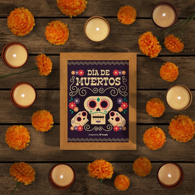 PSD dia de muertos mock-up circondato da fiori e candele