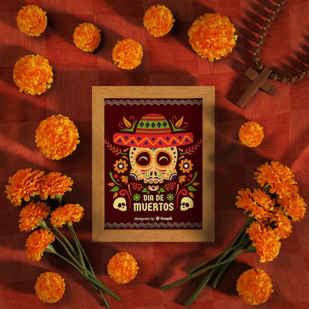 PSD dia de muertos mock-up circondato da fiori