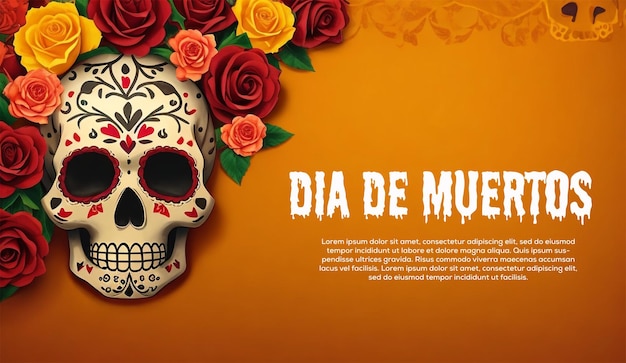 PSD ディア・デ・ムエルトスの頭蓋骨の花の衣装の背景バナーデザイン