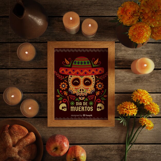 dia de muertos skull with sombrero top view