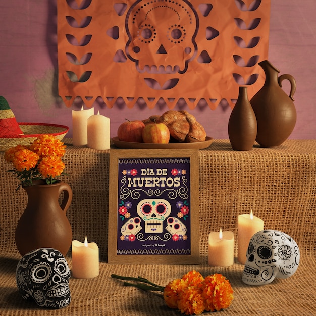 Dia de muertos tradycyjny meksykański kwiatowy czaszki widok z przodu