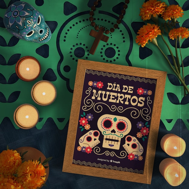 Dia de muertos фиолетовые черепа с видом сверху сомбреро