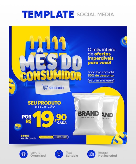 PSD dia do consumidor braziliaanse aanbieding op sociale media post tempate