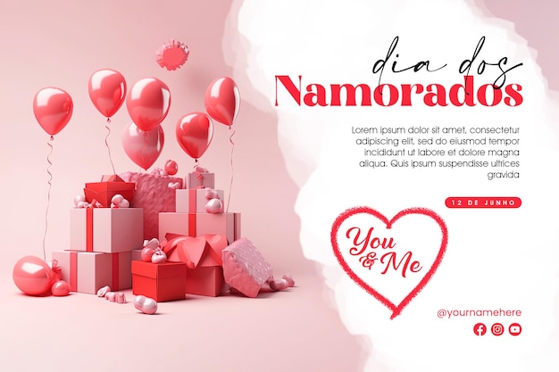 Dia dos Namorados-postersjabloon met liefdesachtergrond en geschenkdoos