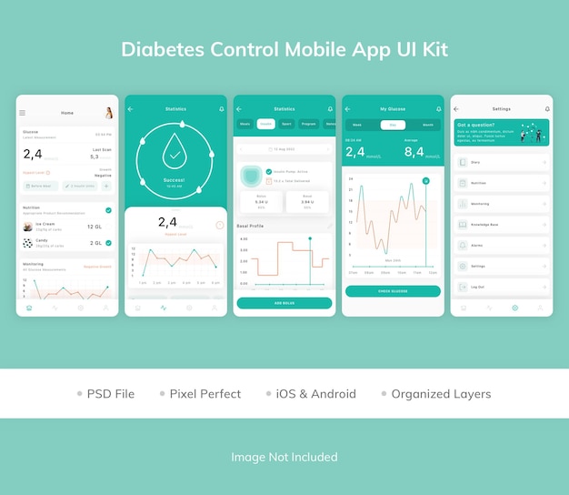 PSD kit dell'interfaccia utente dell'app mobile per il controllo del diabete