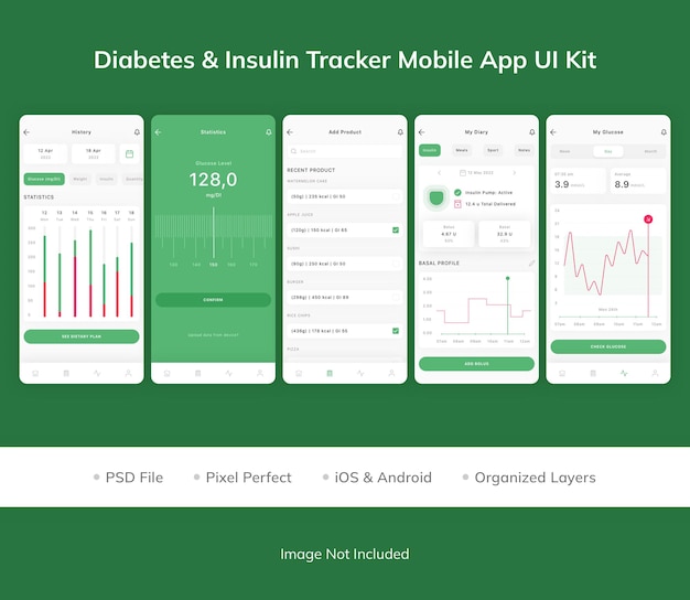 PSD diabetes en insuline tracker mobiele app ui kit