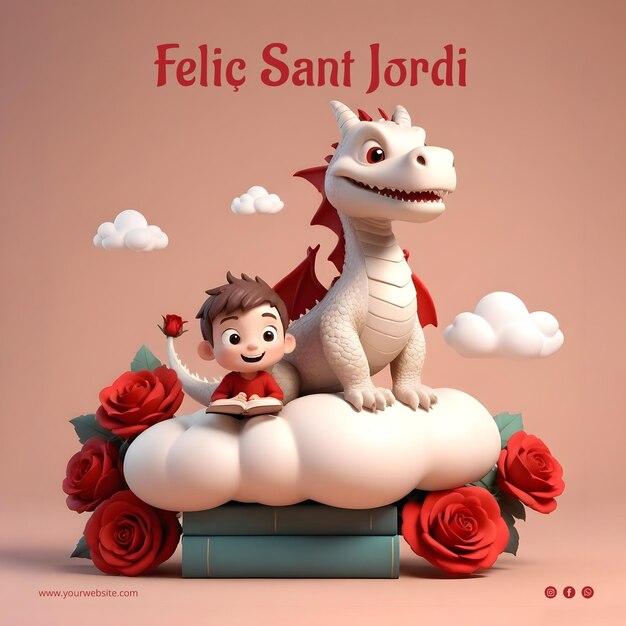 PSD diada sant jordi social media post template with dragon roses books and boy