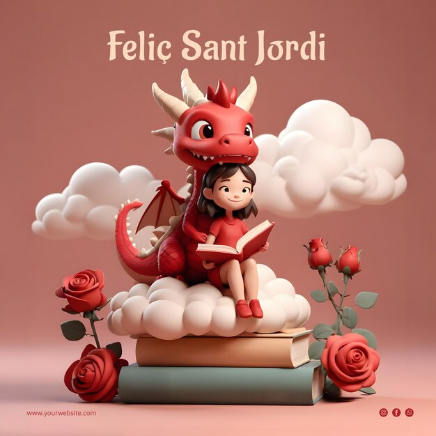 PSD diada sant jordi social media post template with dragon roses books and girl