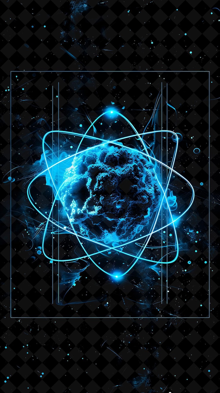PSD a diagram of a atom with a blue background and a black background with a blue star in the center