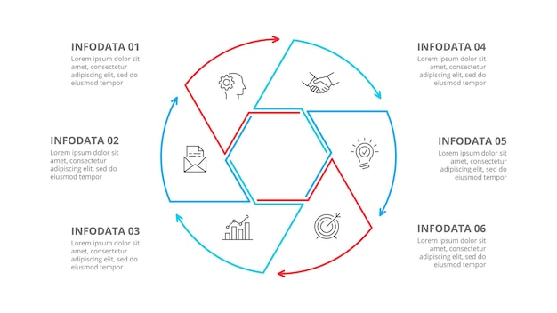 PSD diagram cienkich linii z sześciokątem wewnątrz infografiki z 6 krokami opcji lub procesami