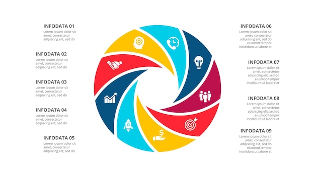 PSD diagram kołowy podzielony na 9 opcji szablon infografiki cyklu abstrakcyjnego