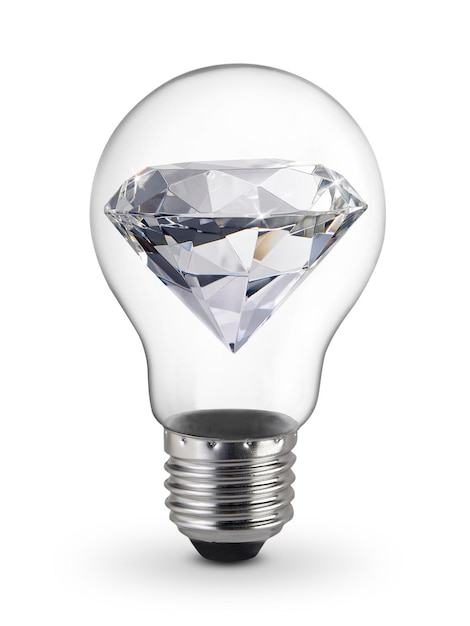 ダイヤモンドの内側の電球 輝かしいアイデアのコンセプト 透明な背景