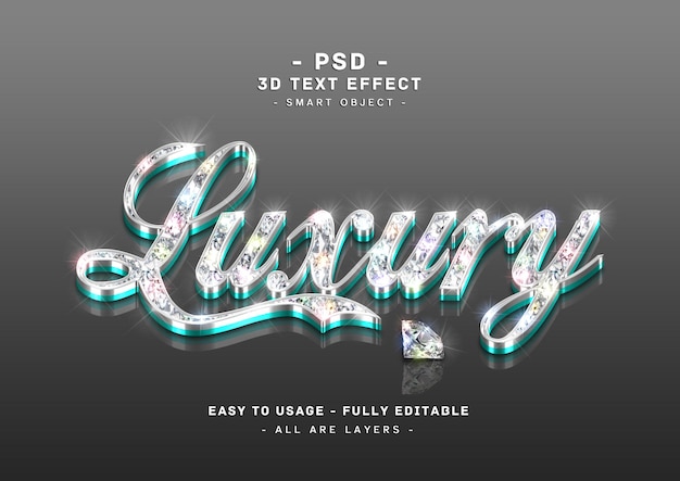 PSD diamond luxury text effect 3d silver tosca mirror style