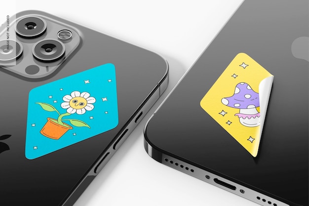 PSD diamond shaped stickers on smartphone mockup, right view