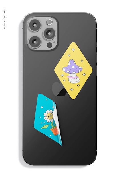 Diamond shaped stickers on smartphone mockup, top view