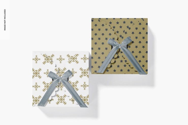 PSD die cut boxes with ribbon mockup, top view