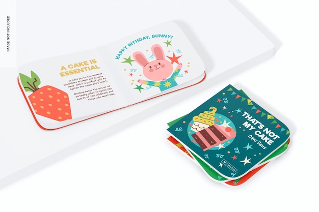 Mockup di libri per bambini fustellati, aperti e chiusi