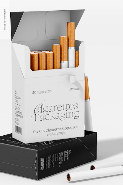 PSD die cut cigarette zipper box mockup, high angle view