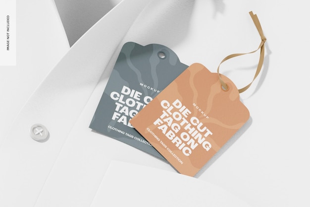 Die cut clothing tags on fabric mockup, stacked