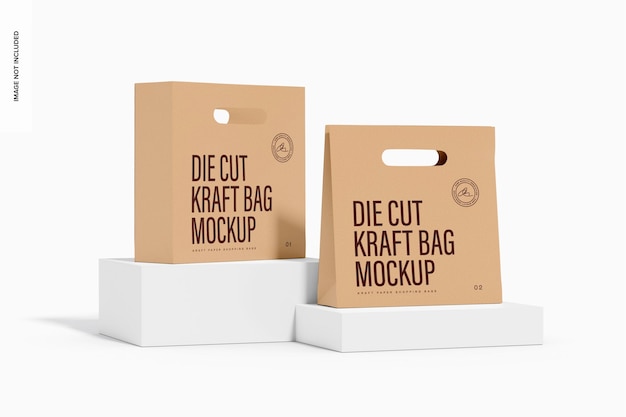 Die cut kraft bags mockup, on podium