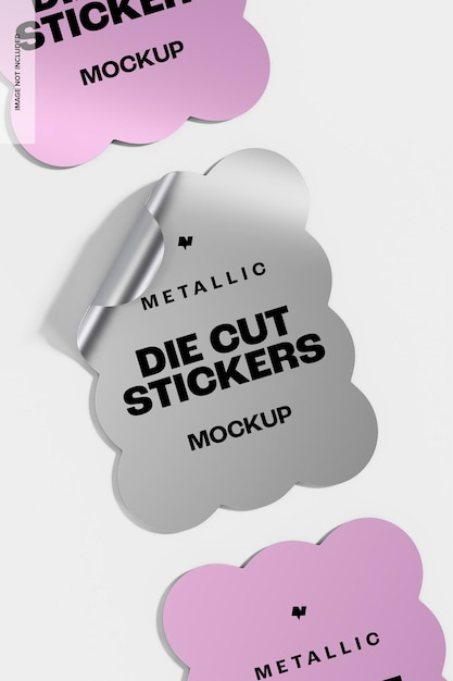 die cut metallic stickers mockup, high angle view