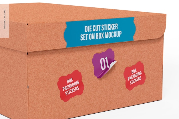 PSD die cut sticker set on box mockup, left view