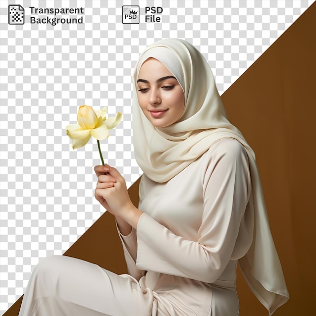 Dierbare hijab gekleede vrouw met een gele en witte bloem in haar hand tegen een bruine muur met een wit been zichtbaar op de voorgrond