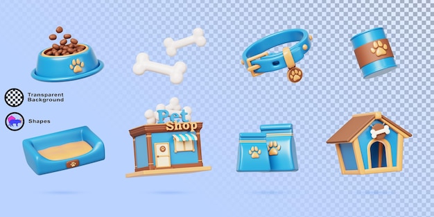 Dierenwinkel cartoon 3d rendering icon set Huishoudelijke dierenwinkel gebouw buiten hondhuis kraag voer schaal bed bot speelgoed voedsel blikje en zak geïsoleerde ontwerpelementen