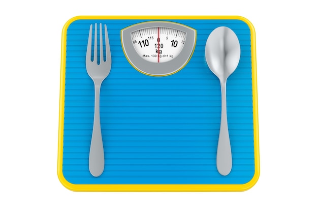 ダイエット食事のコンセプト 透明な背景に隔離されたフォークとスプーン付きの3Dレンダリングの重量秤