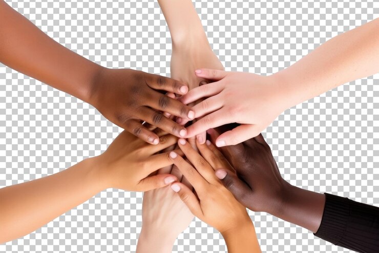 PSD different ethnicity hands teamwork isolated on transparent background