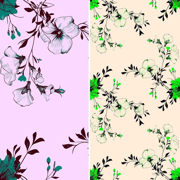 Different flowers on a pink background one of the other is purple and green