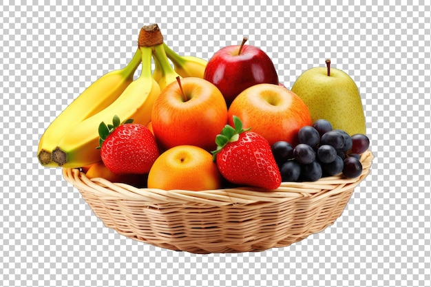 Different fruits in a basket isolated on transparent background