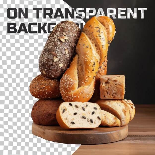 Different grain rolls including wholegrain chia seeds and spelled rest on a wooden surface against a transparent background