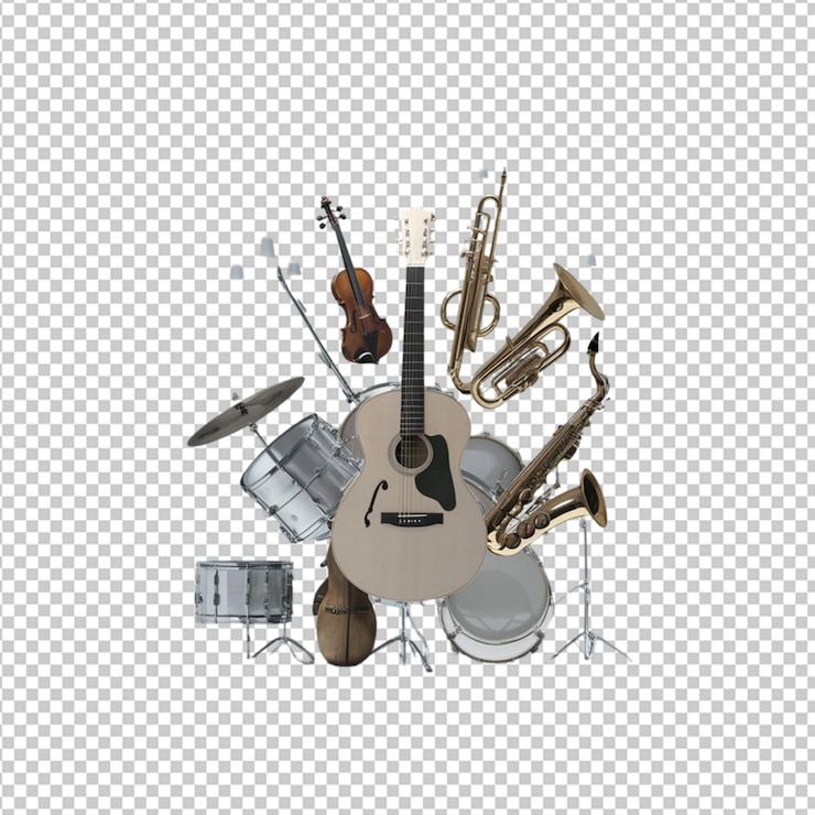 PSD different kinds of musical instruments isolated on transparent background