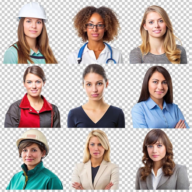 Different occupation of young women on transparent background